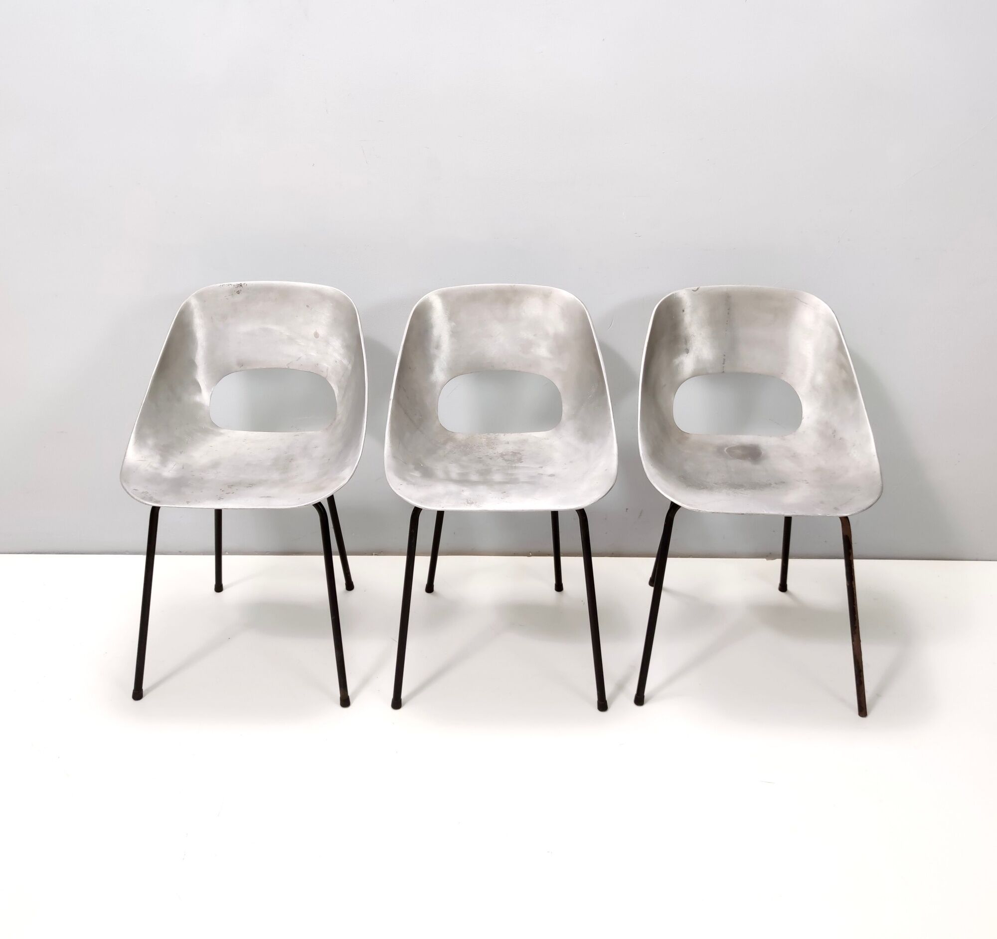 Set of Three Aluminum "Tulipe" Tonneu Chairs by Pierre Guariche, France