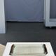 Trio of small rectangular serving dishes white and black Indonesian ceramic 21x16