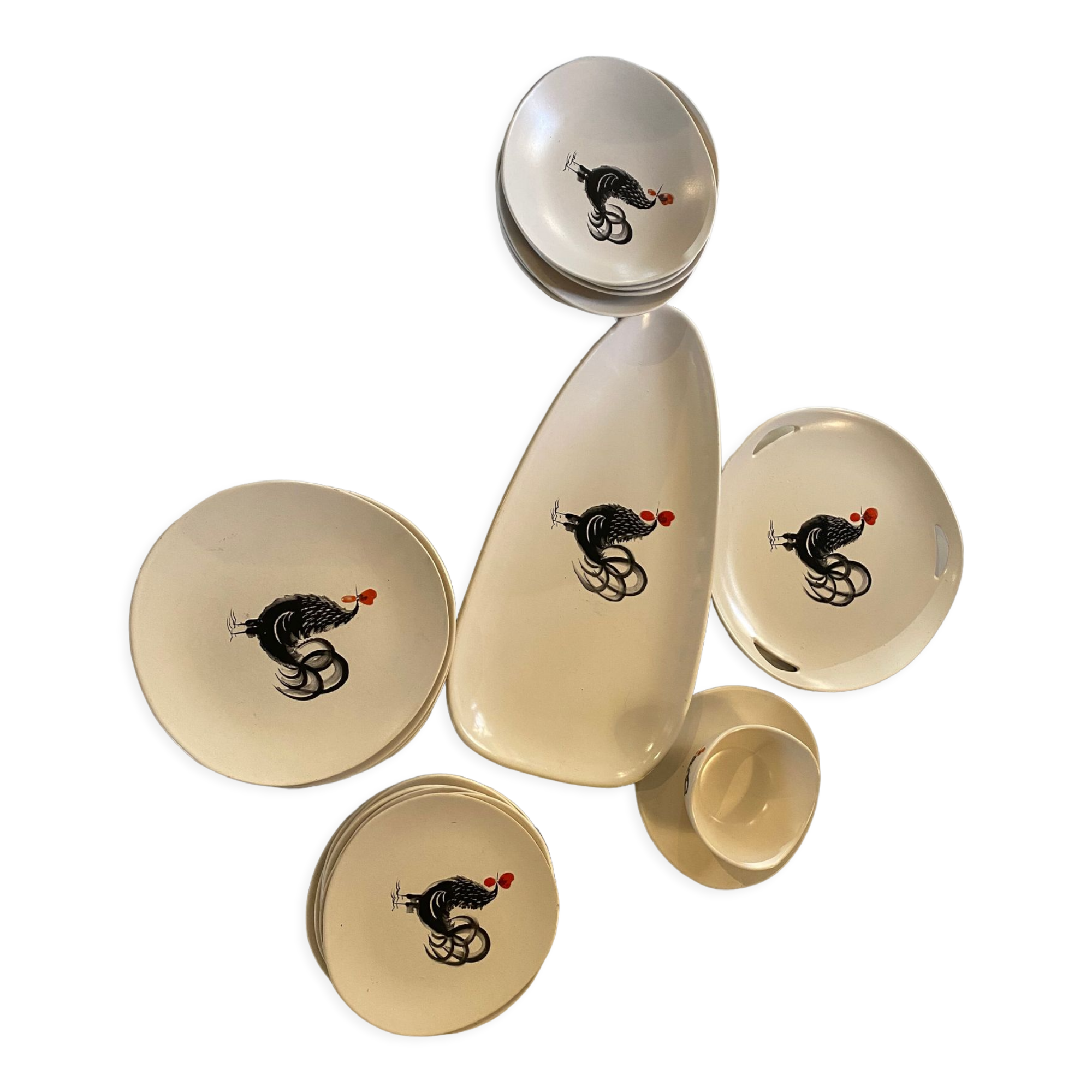 Service coq signed faience pornic 1960s