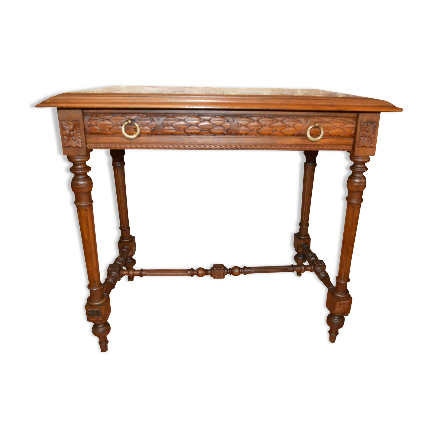Walnut table with marble top and one drawer