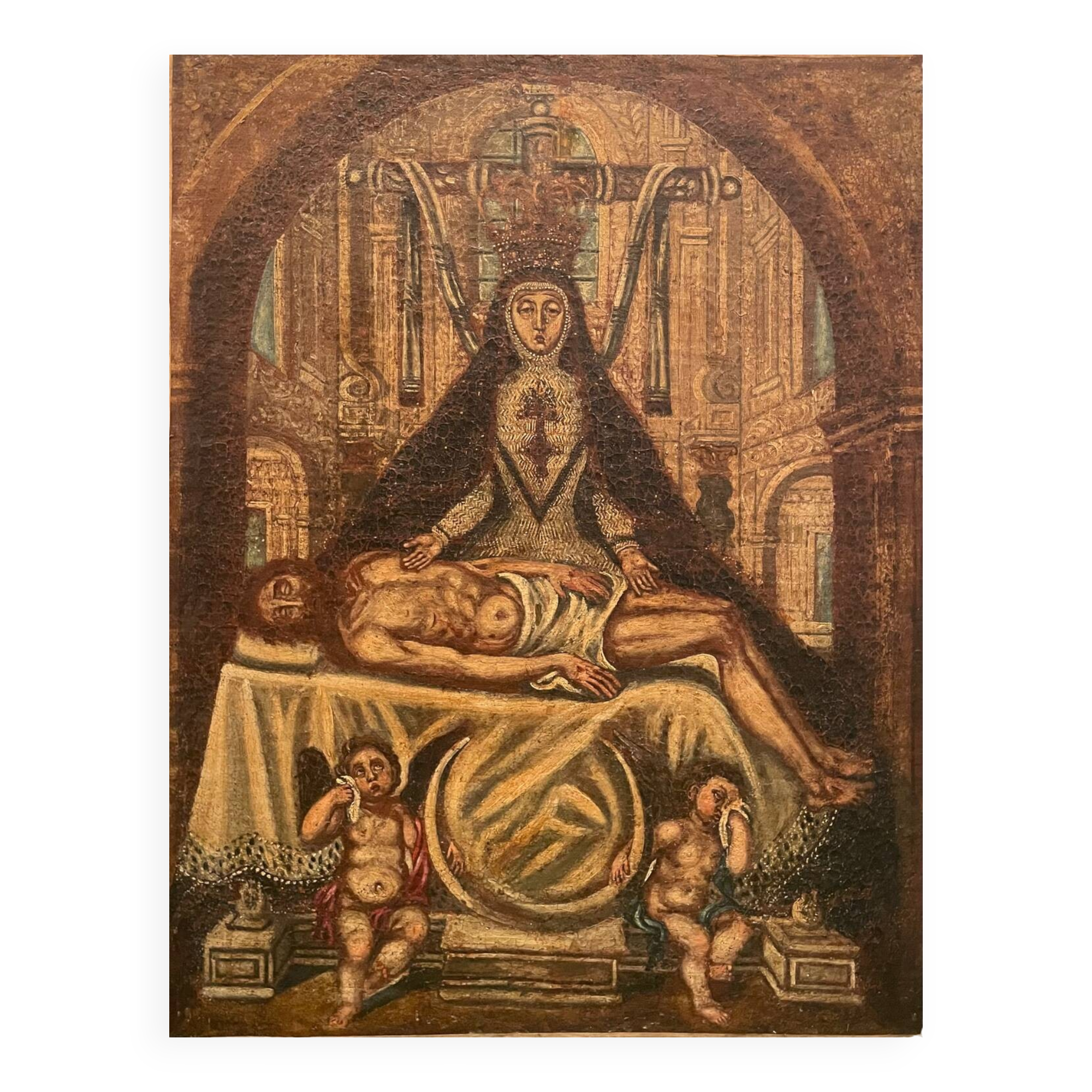 Ancient painting Pieta or Virgin of the Angustias of Granada 17th century