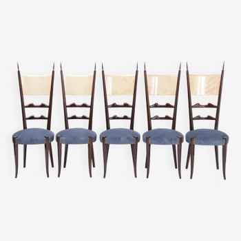 Ensemble de cinq chaises de salle à manger italiennes modernes du milieu du siècle à haut dossier par Aldo Tura