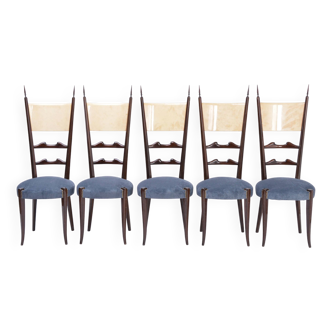 Set of five Italian Mid Century Modern high back dining chairs by Aldo Tura