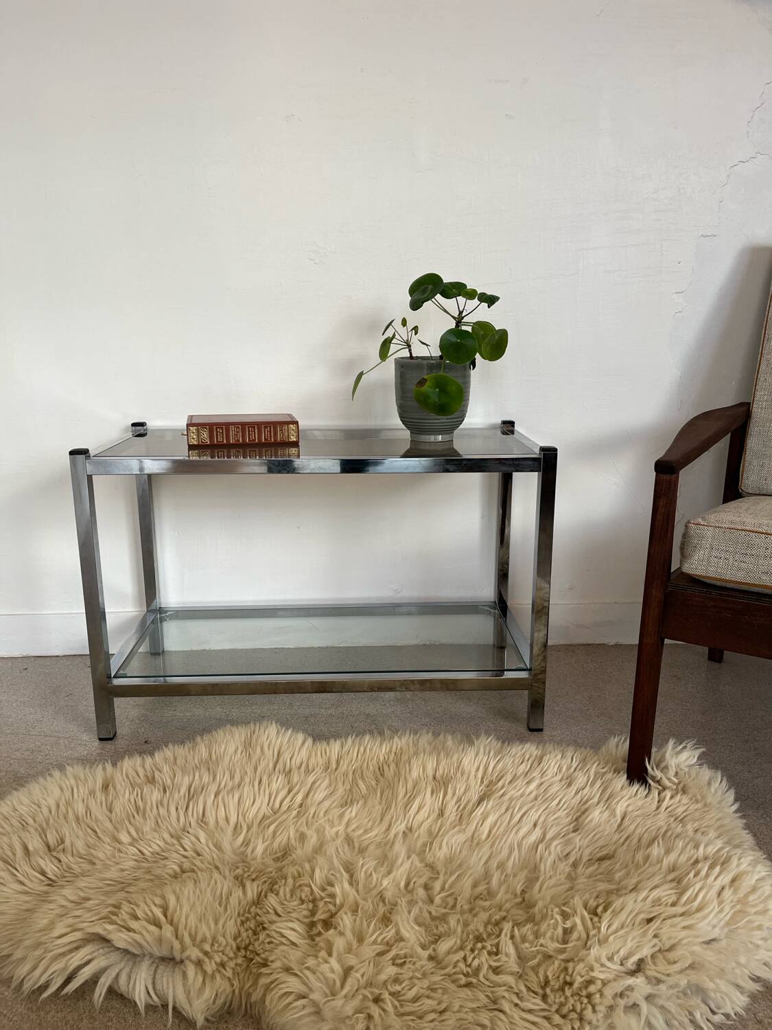 Table basse console verre et chrome vintage
