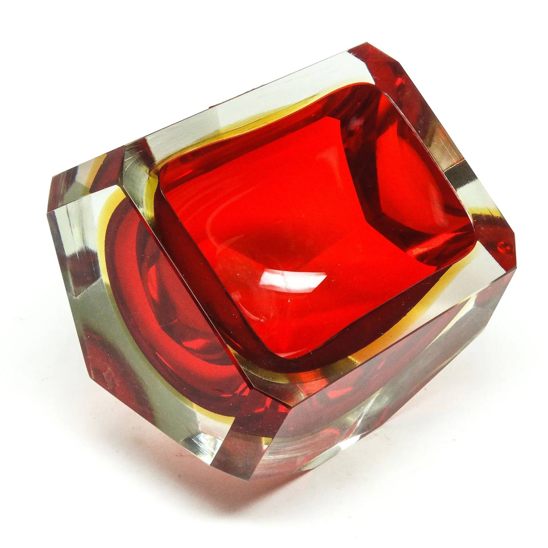 Murano basket, modernism, red glass, designed by F. Poli, Italy, 1950s