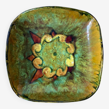 Yvon Roy - Varnished and enamelled ceramic dish with abstract decoration old yellow background