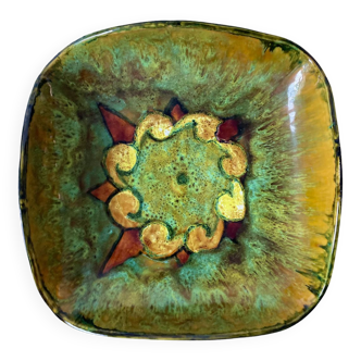 Yvon Roy - Varnished and enamelled ceramic dish with abstract decoration old yellow background