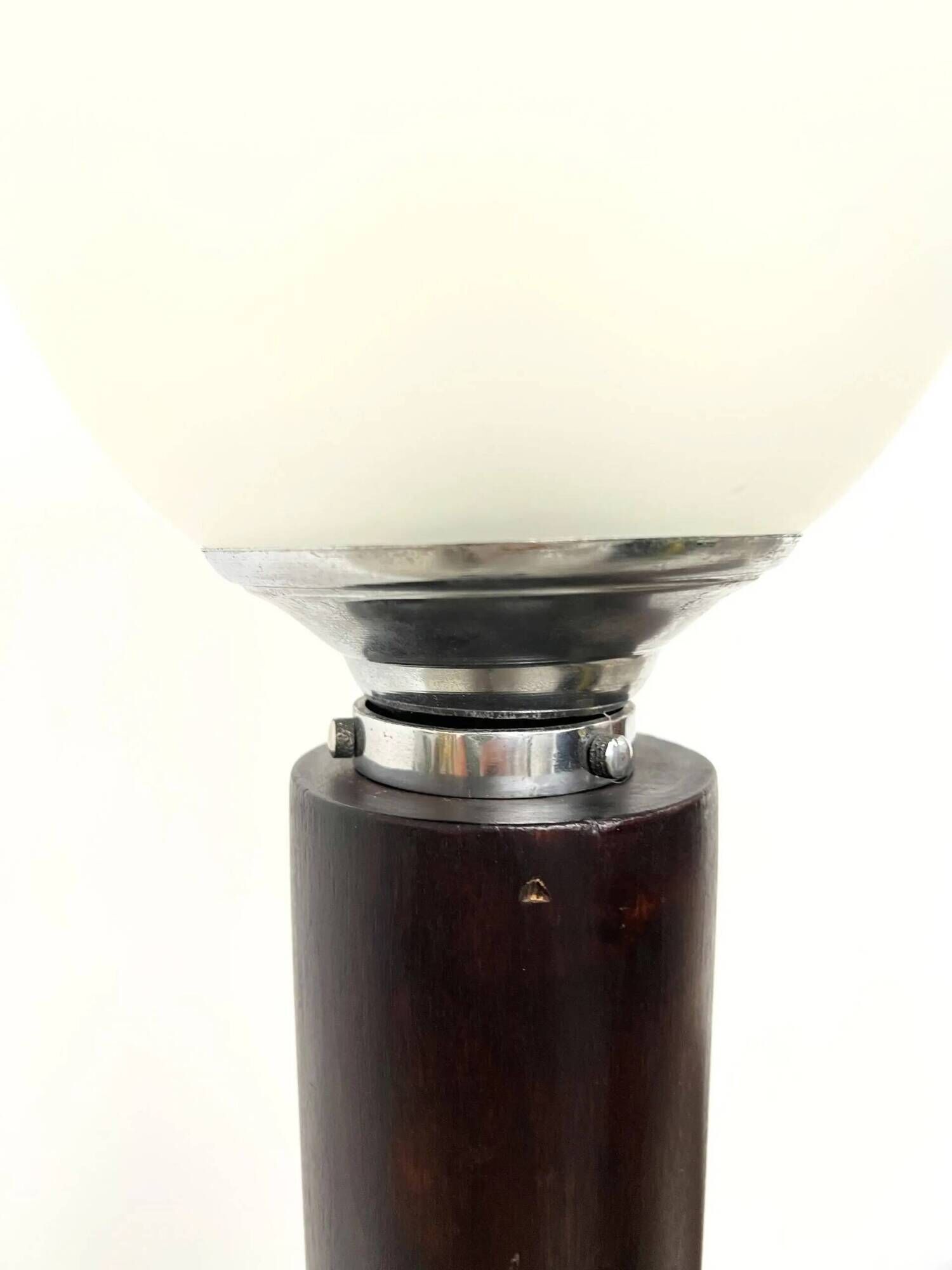 Mazda Art Deco floor lamp (1940s) – Stained wooden stem & frosted glass shade