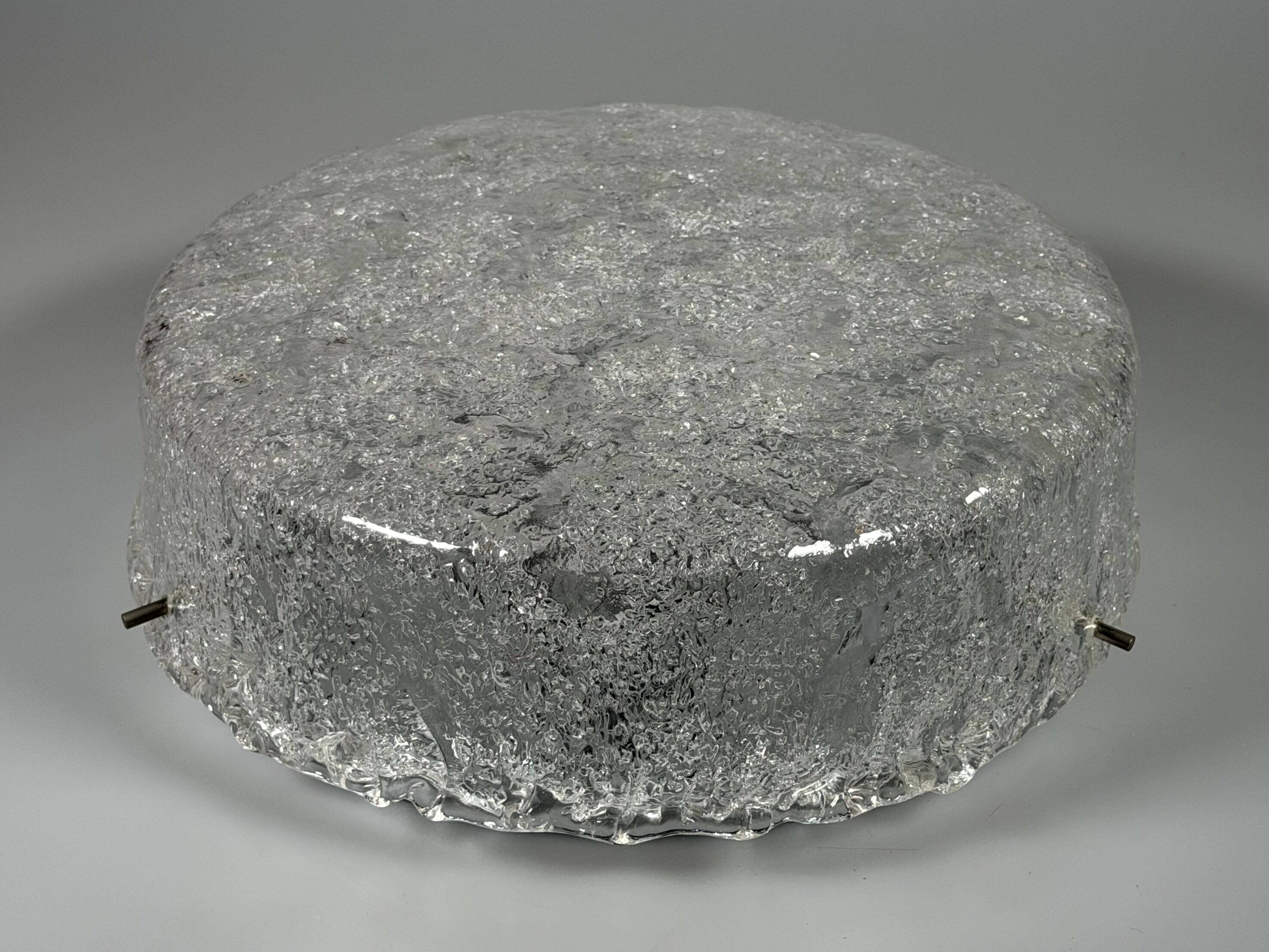 1960s 1970s Ceiling Light Flush Mount Ice Glass from Hillebrand Germany