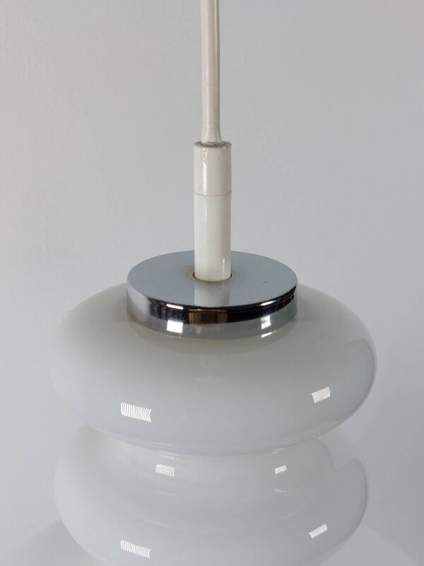 Vintage ceiling lamp Peill & Putzler in chrome and opal glass from the space age.