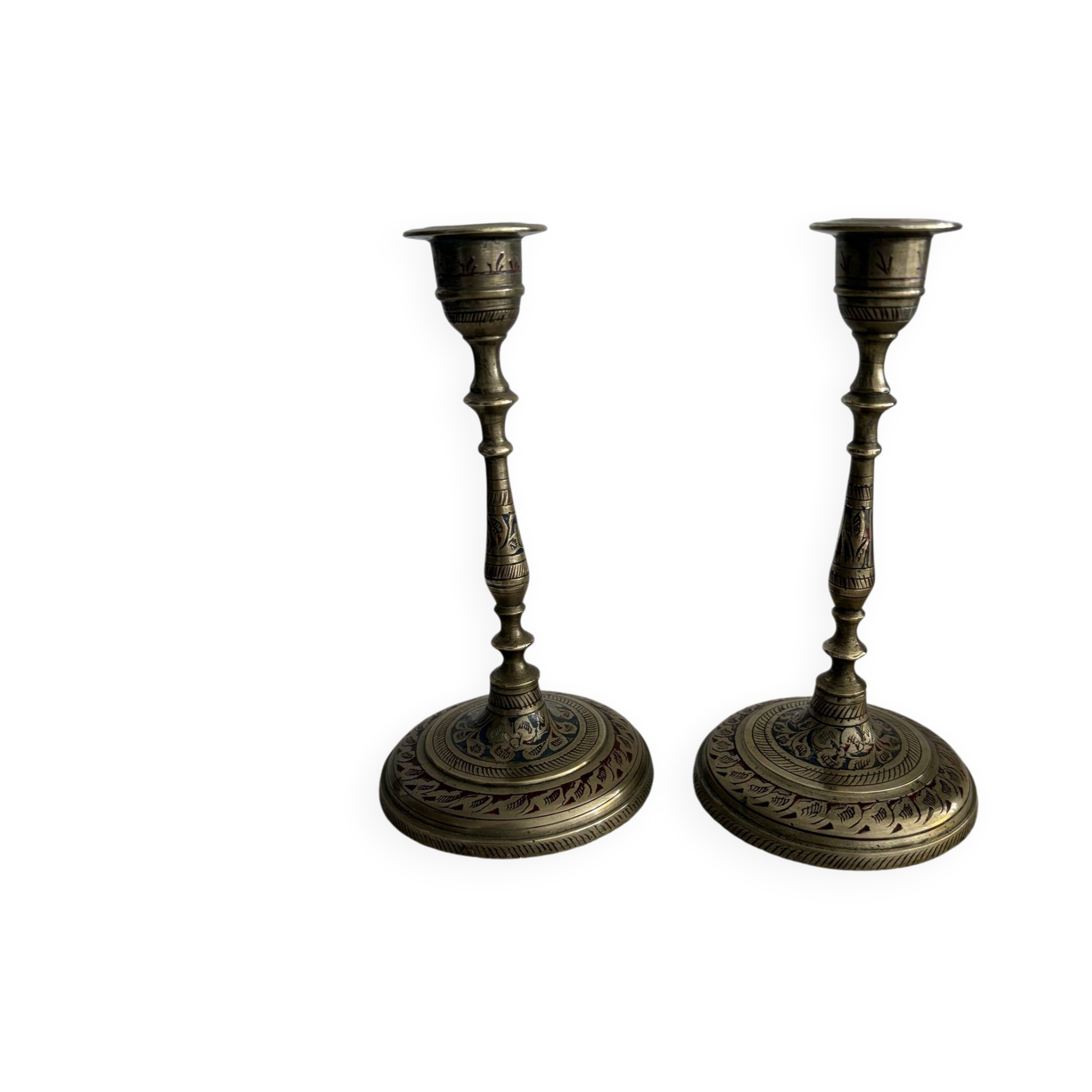 Pair of Vintage Etched Brass & Enamel Candlesticks - India,Mid-Century