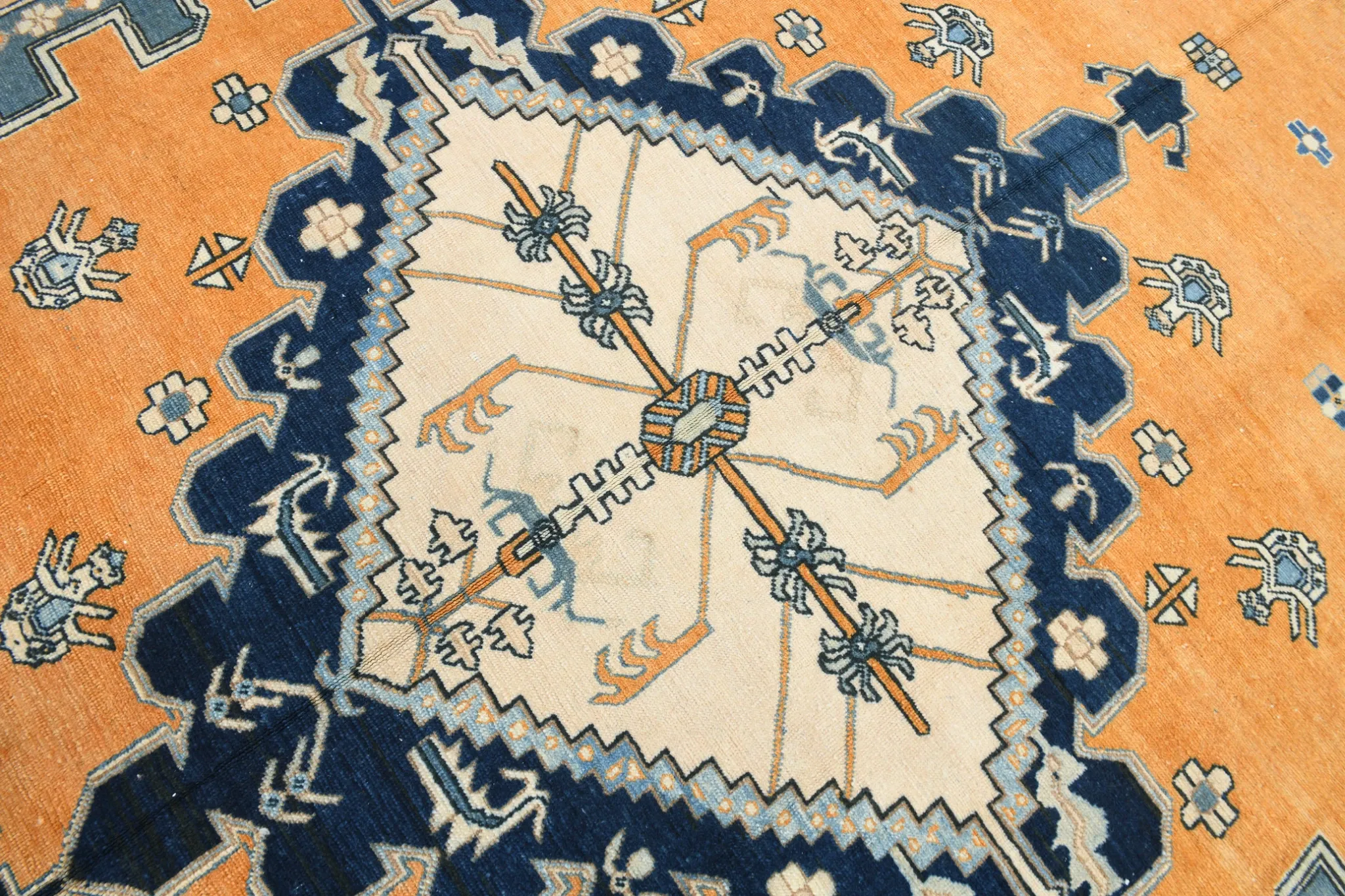 Vintage Large Blue & Peach Persian Rug, Handmade Wool Rustic Decor,348x495