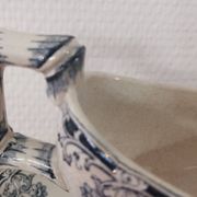 Gravy boat on foot in blue/green iron clay model "Mignon", H & Cie Sarreguemines