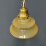 Vintage ocher glass hanging lamps with brass gallery