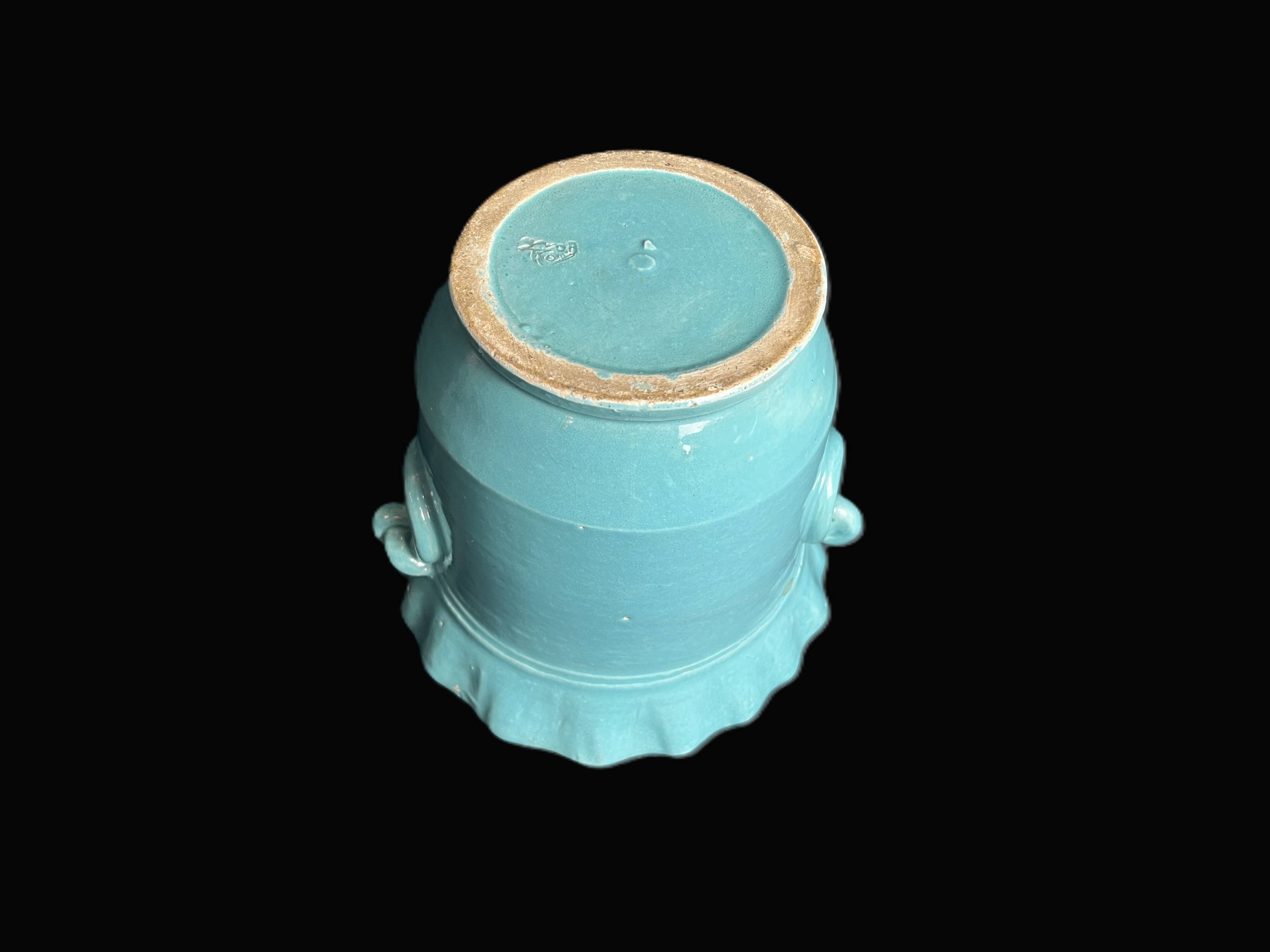 Turquoise ceramic cache pot signed Yvon Roy circa 1950