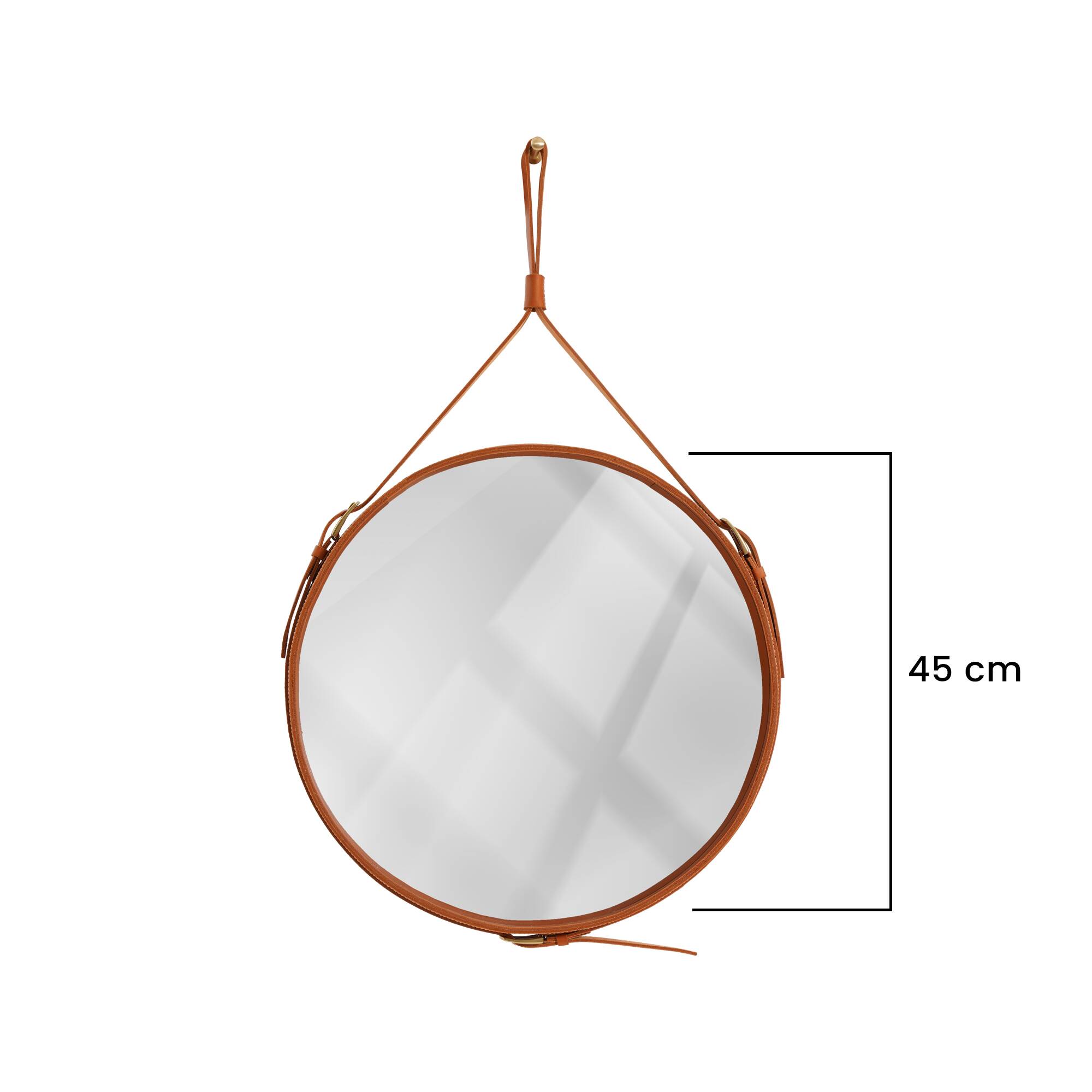 Handmade mirror in J. Adnet style, made of vegetable-tanned leather in tan colour, ø 45 cm.