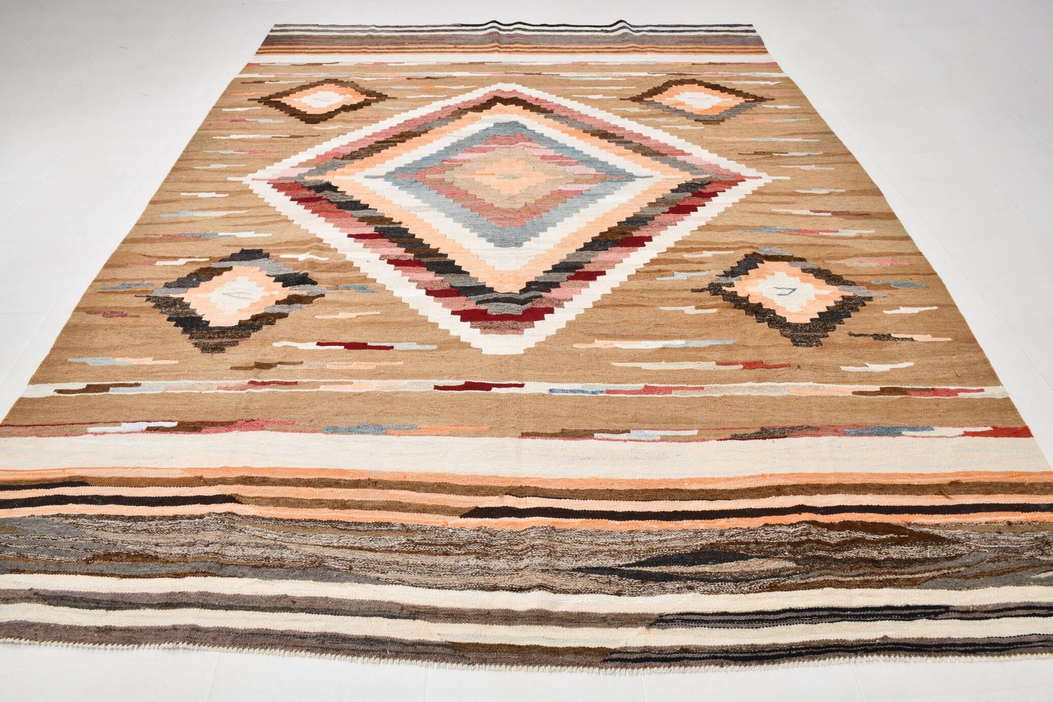 8x11 Brown & Cream Geometric Kilim Rug, 260x341Cm