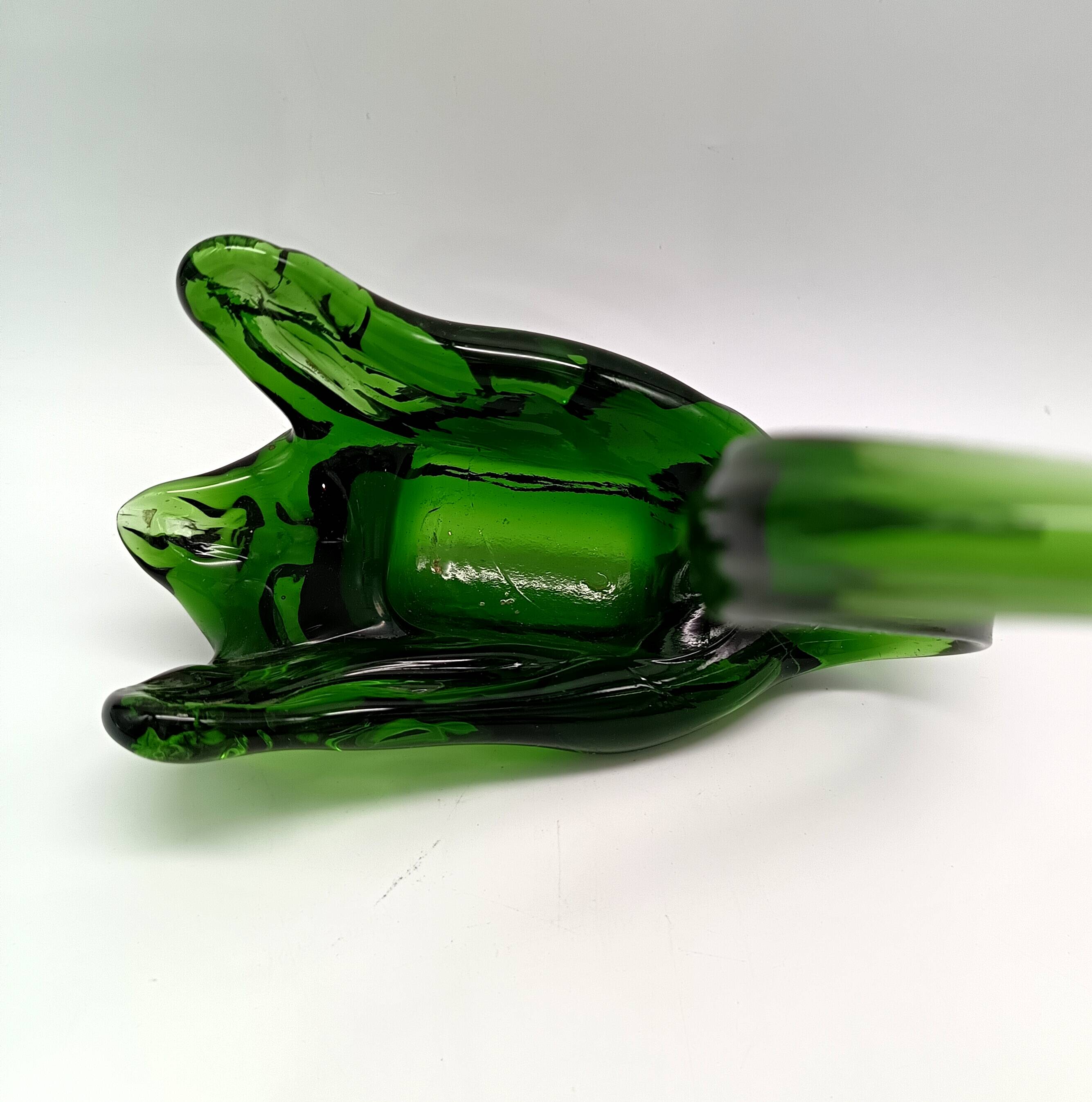 2 vintage glass SWANS, handcrafted, bottle green, early 20th century