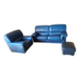 ensemble canapé cuir, fauteuil et pouf