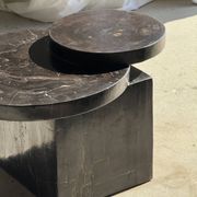 Brown petrified wood coffee table from Indonesia with a double circular top.