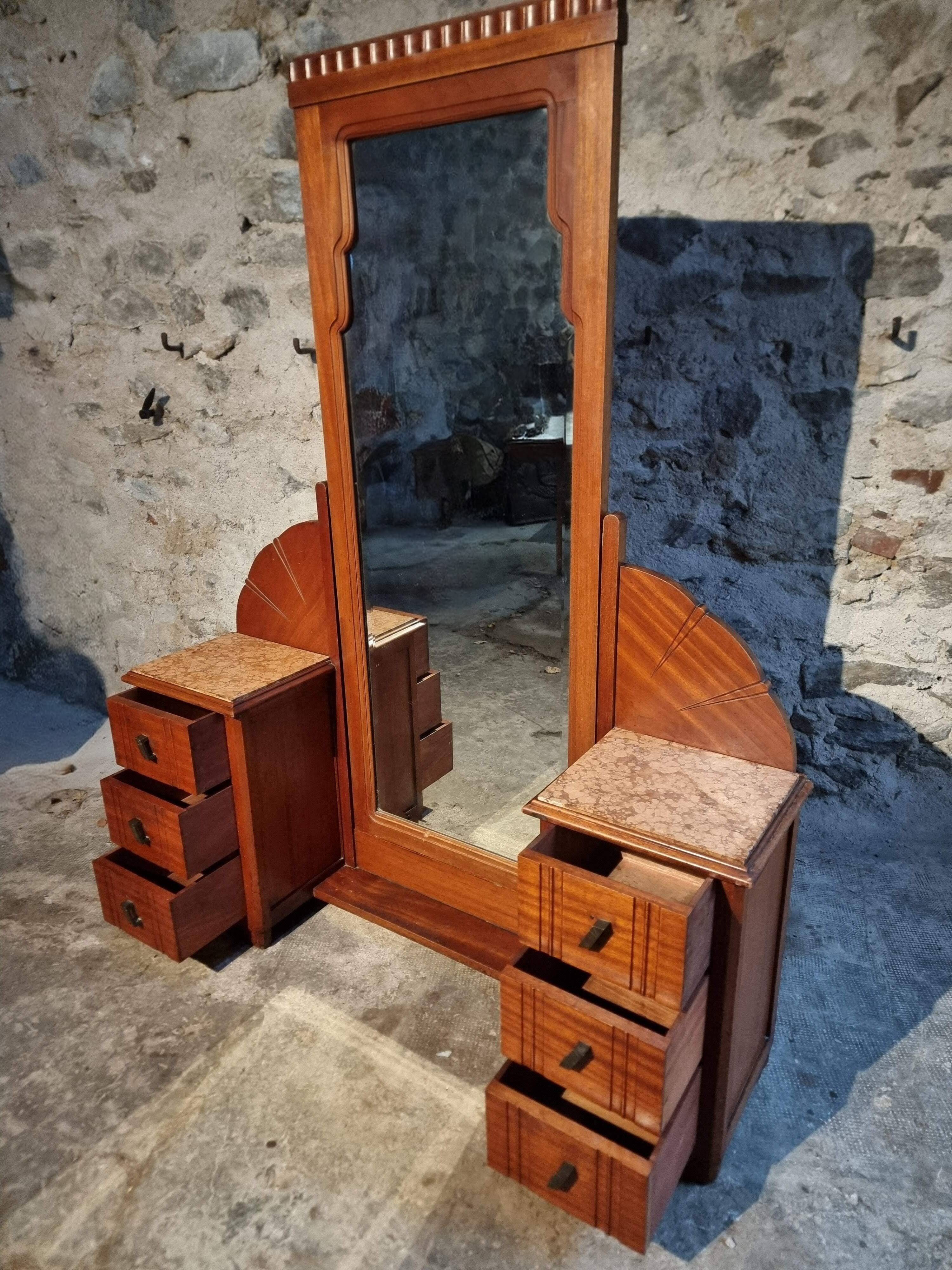 Art Deco mahogany dressing table with bevelled tilting mirror, France, 1920s–1930s.