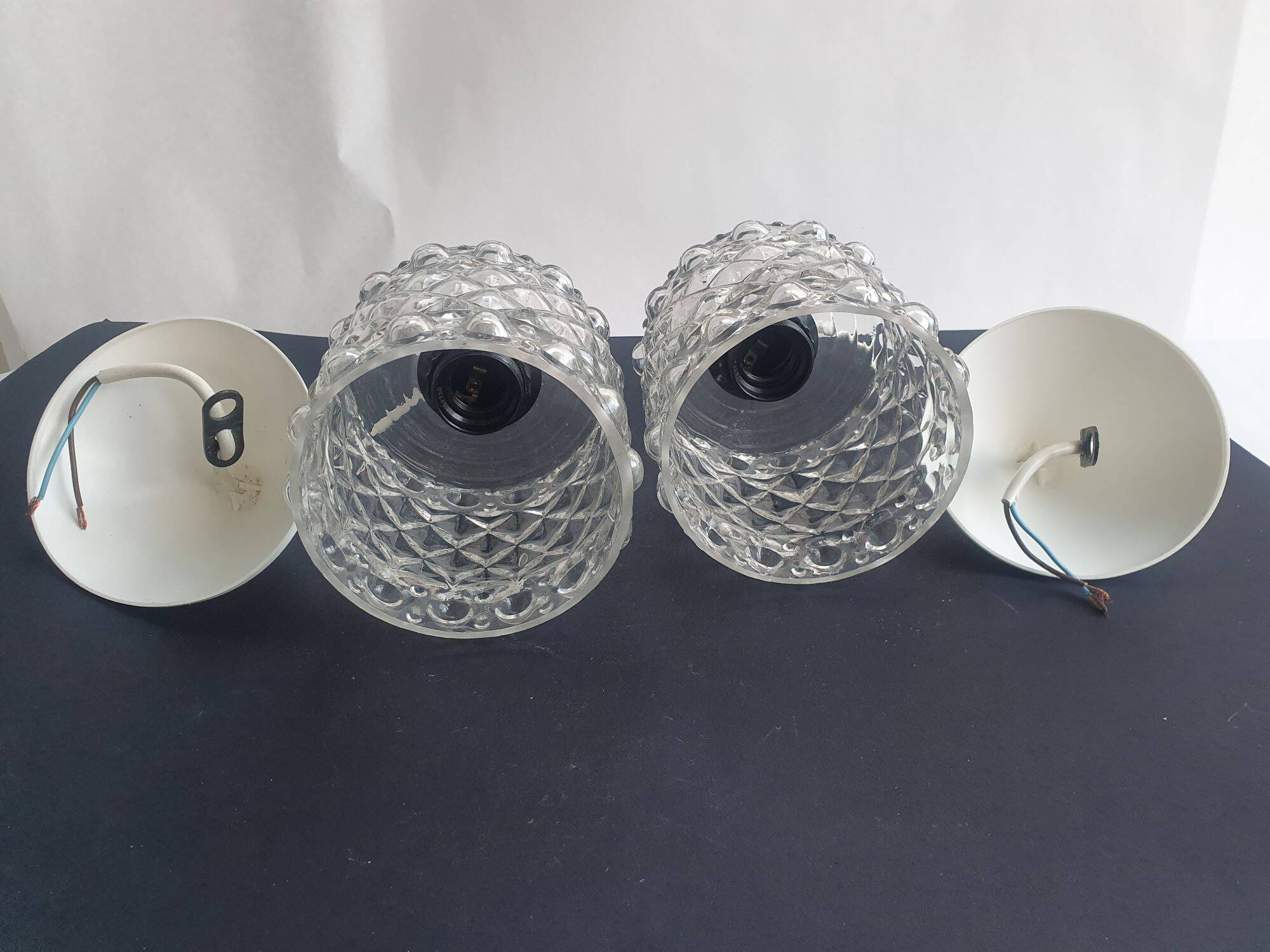 Pair of vintage 1970s glass pendant lights