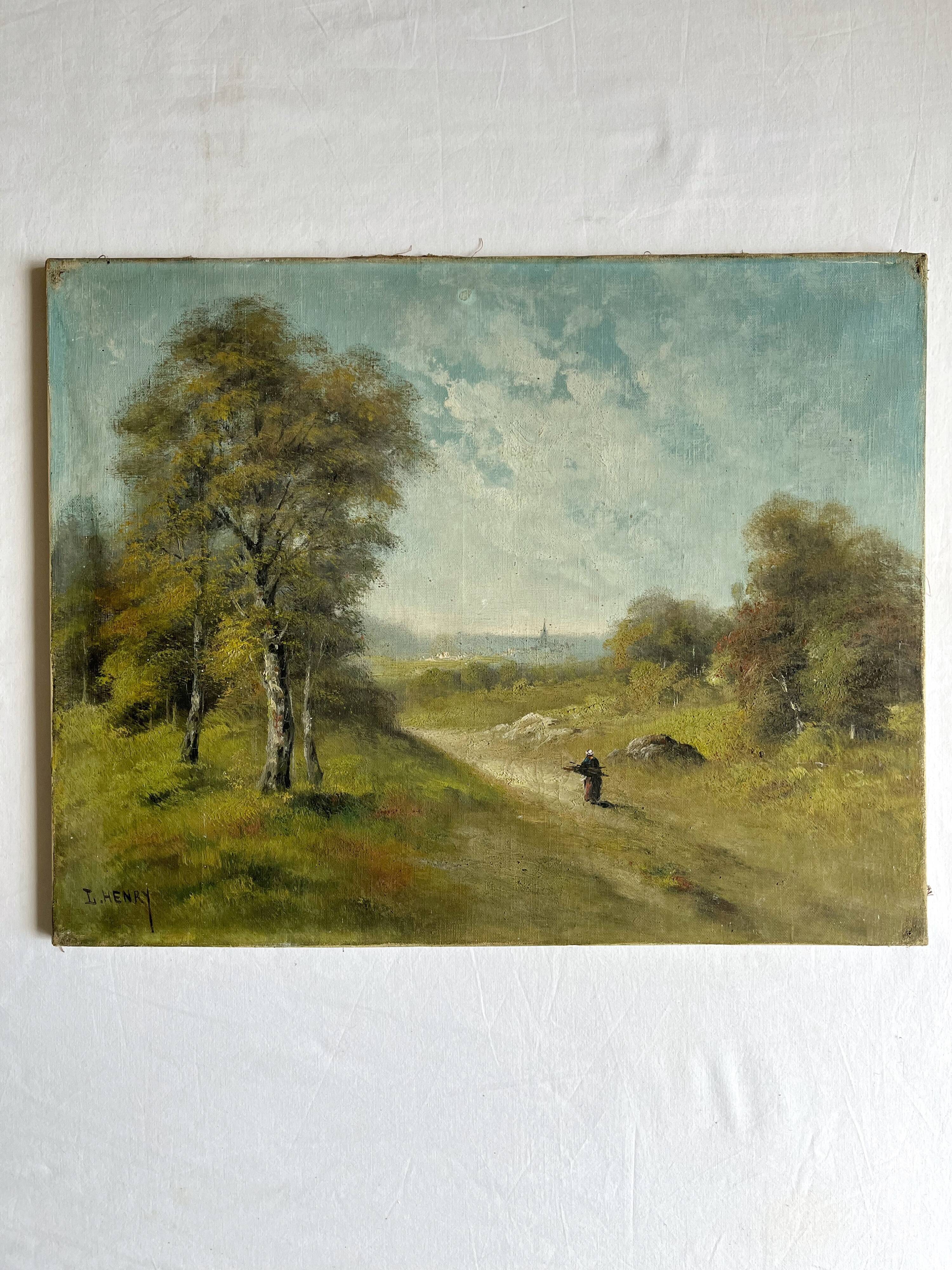 Antique oil painting on canvas, landscape, signed Lucien Félix Henry, 19th century