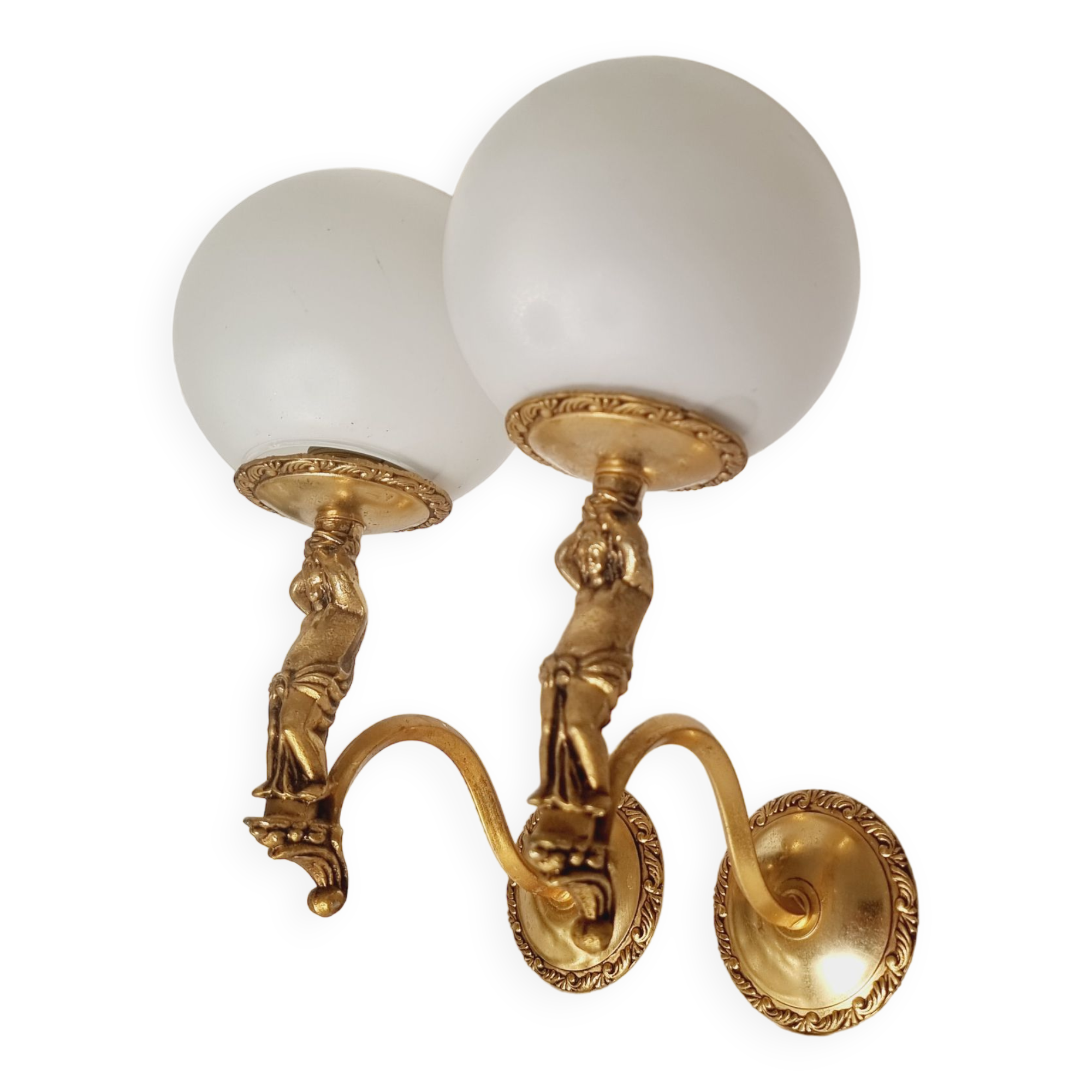2 classic golden cherub wall lights and globe lampshades in perfect condition.