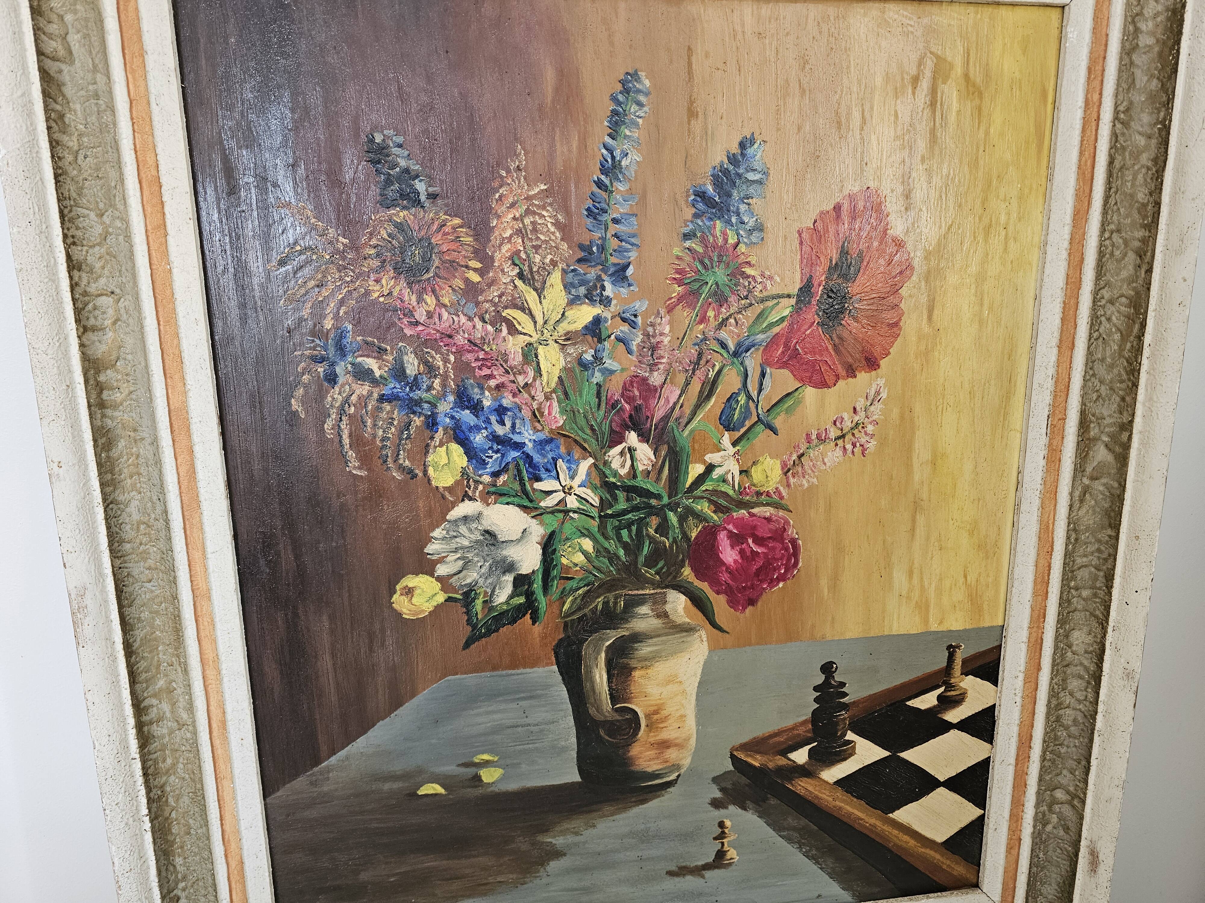 Oil on Isorel - Flower Bouquet / Chess Set - Michel Lamotte