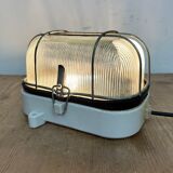Industrial white porcelain cage wall light with ribbed glass, 1970s
