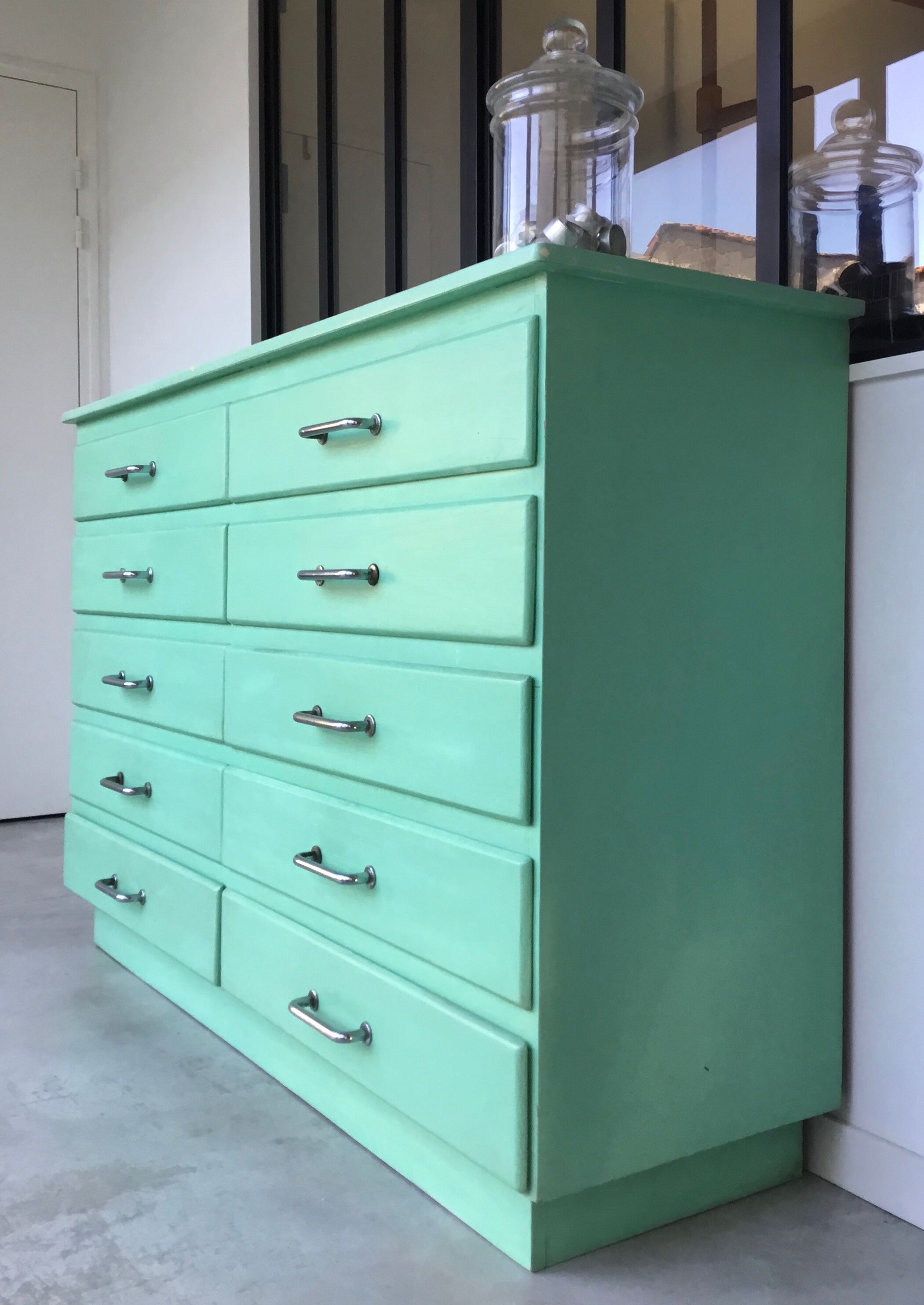 Water green loom cabinet with 10 drawers - 1960