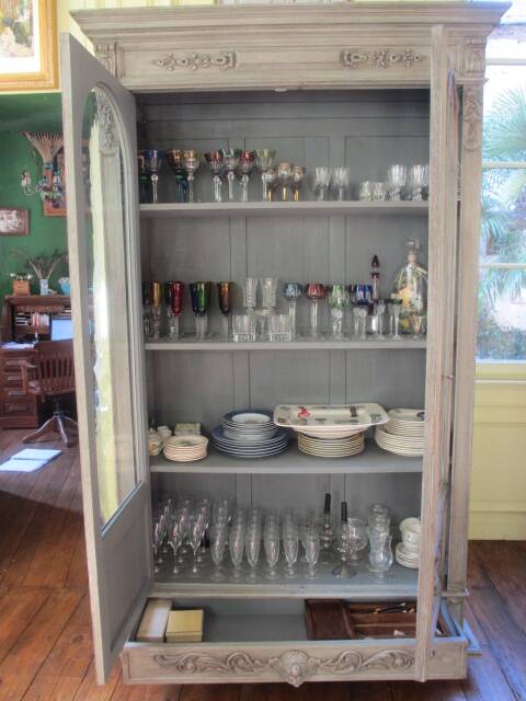 Antique carved buffet display cabinet with gray patina