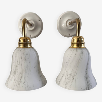 Pair of brass and opaline wall lights
