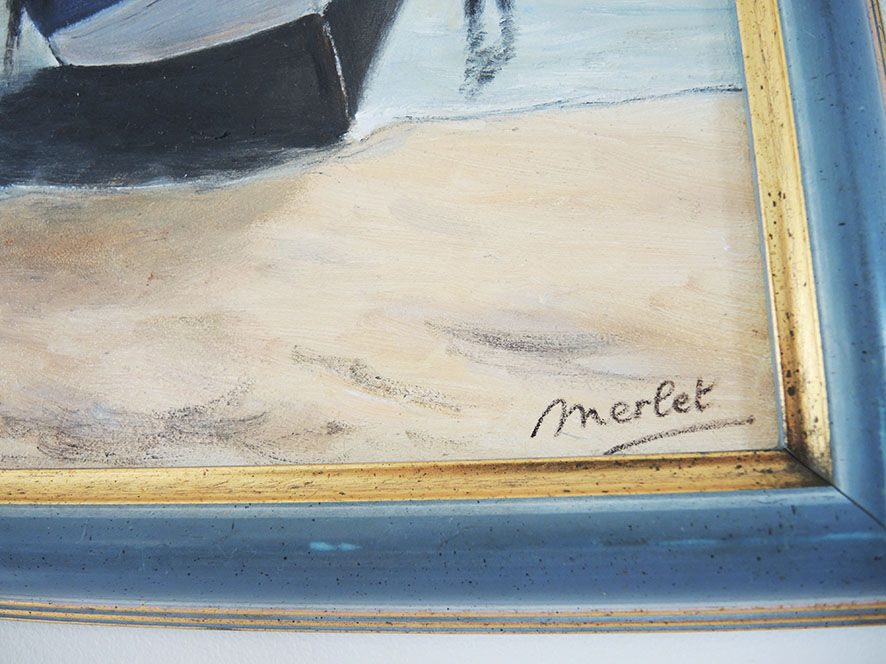 Oil on Wood Framed and Signed Henri Merlet : Blue Fishing Boat