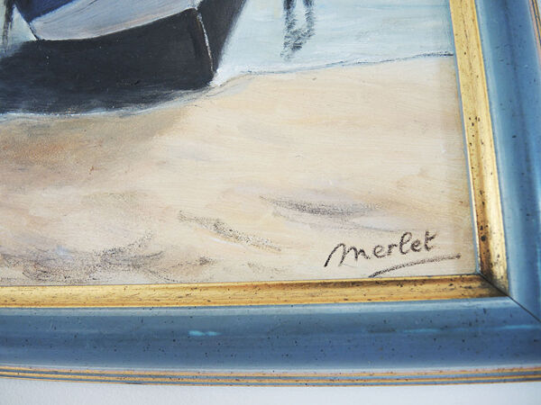 Huile sur bois encadrée et signée henri merlet : bateau de pêche bleu