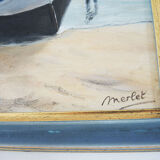 Huile sur bois encadrée et signée henri merlet : bateau de pêche bleu