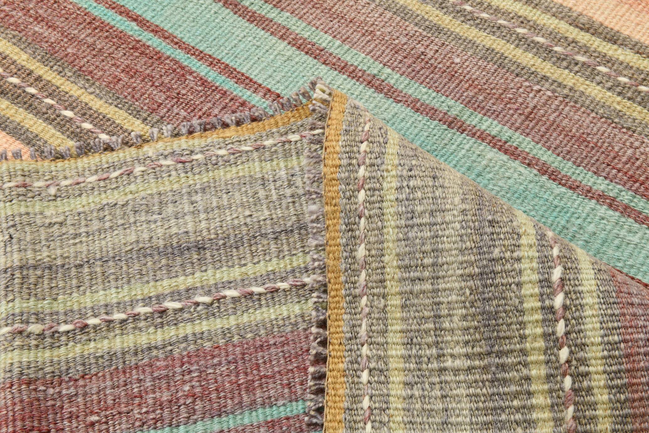 4x7 Pale Orange & Mint Green Striped Wool Kilim Rug, Washable Rug,126x210Cm