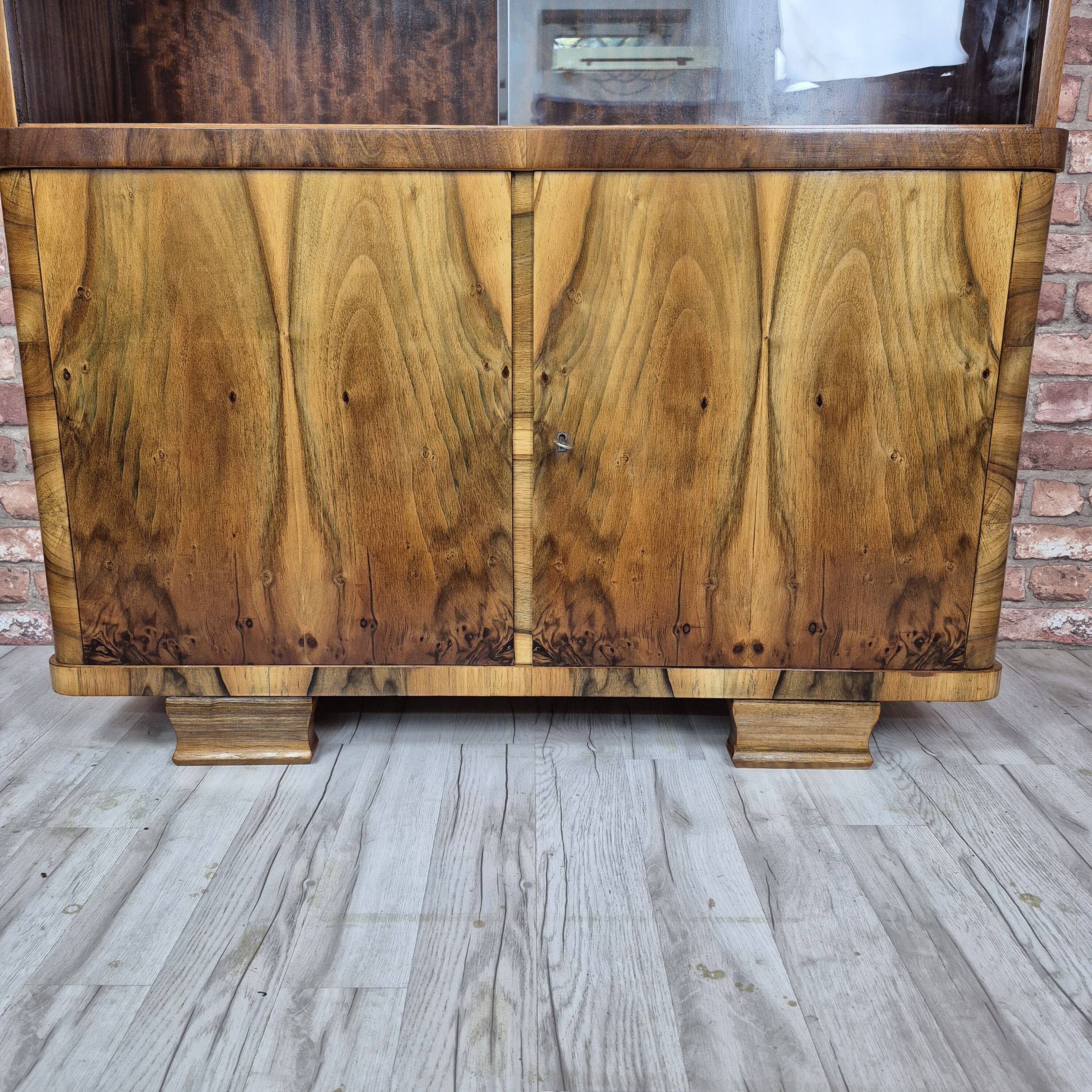 Restored 1950s Art Deco Style Bookcase Display Cabinet with Flame Veneer