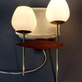 Two-light wall lamp in teak, gilded brass and white opaline Maison Lunel 1960.