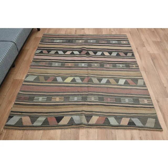 1970s Vintage Turkish Oushak Handmade Wool Cotton Brown Kilim Rug 148x174