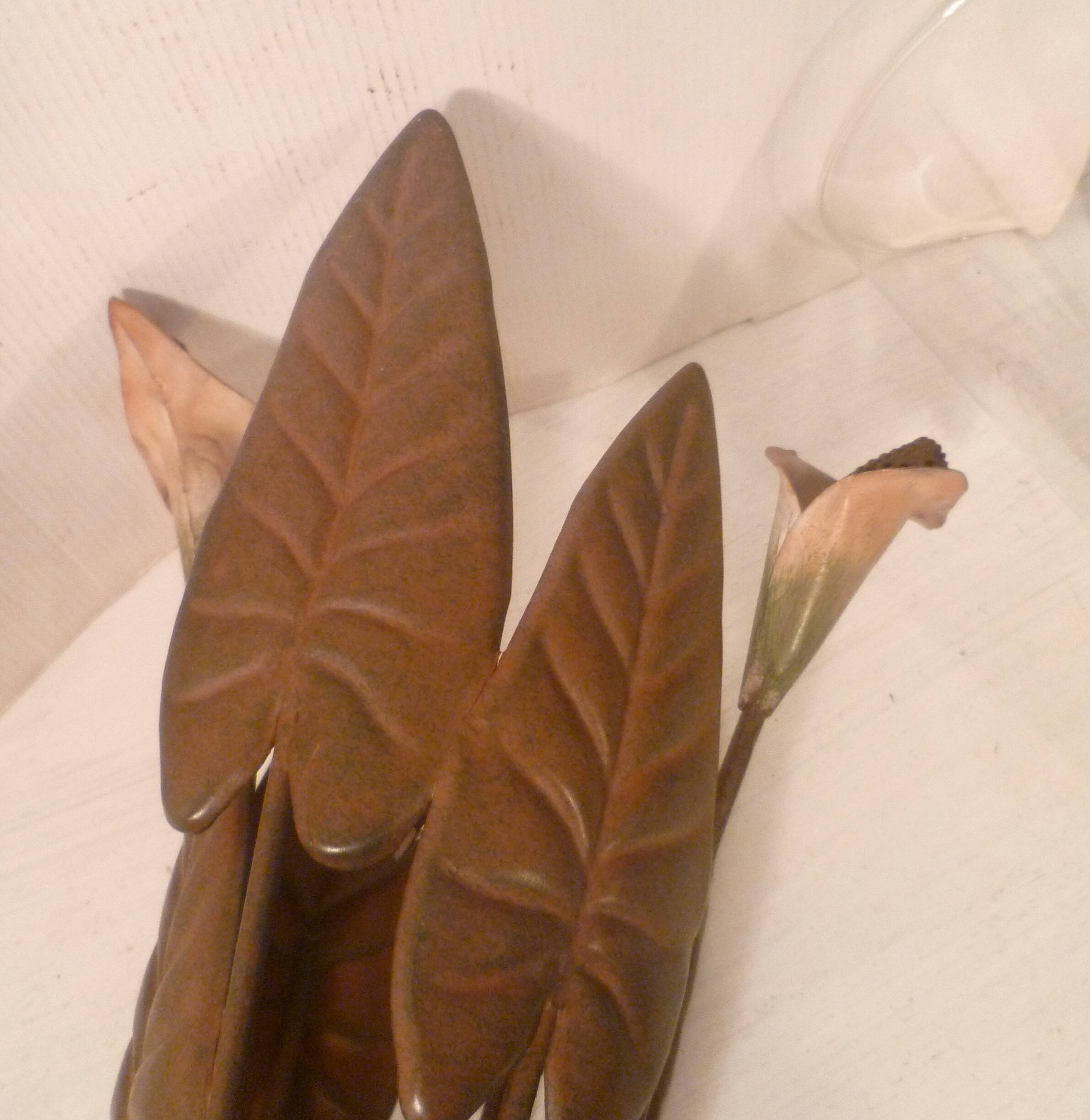 Paire vases  coupes verre souffle & monture fer forge "arum" vintage