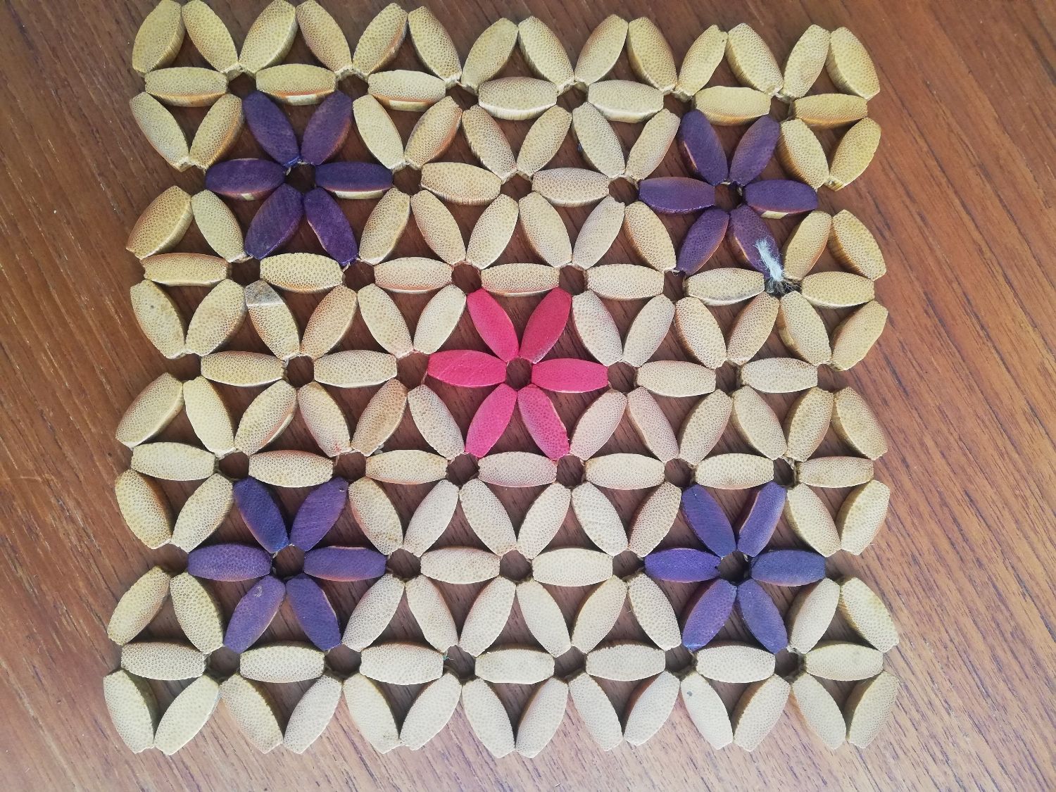 Vintage flower coaster beige purple and pink wood beads