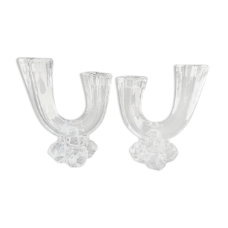 Cristallerie de Vannes le Châtel - Pair of torch candle holders - Cristal signé