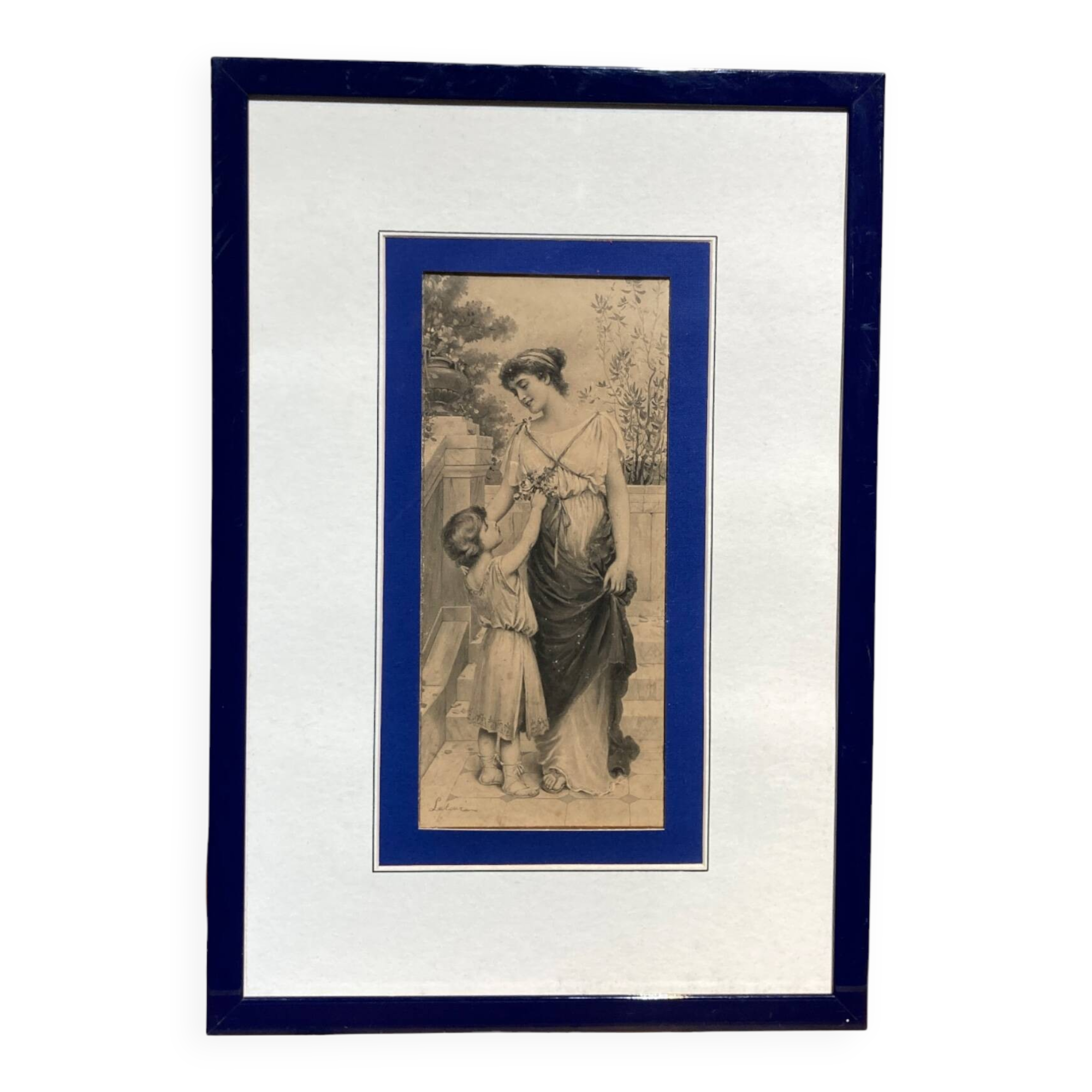 Engraving of a woman and a child signed Latour