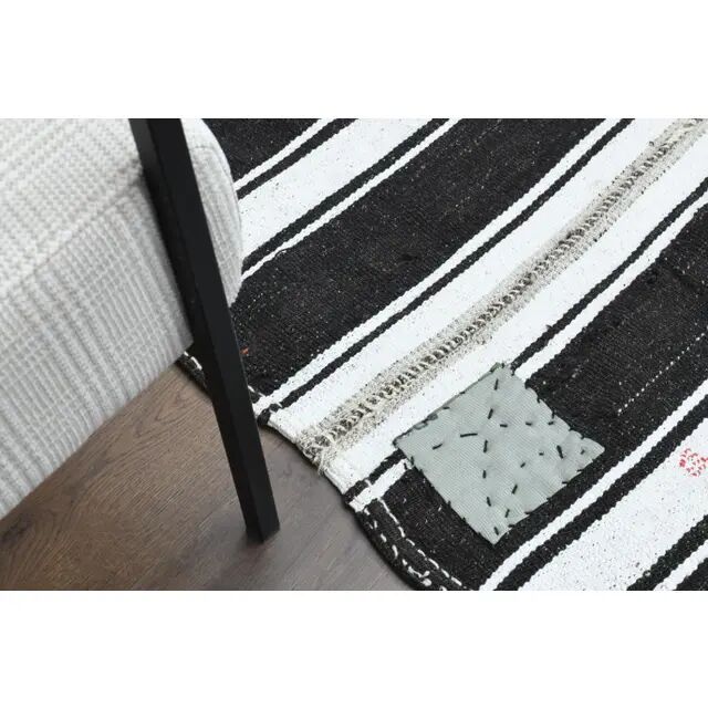 1970s Vintage Turkish Oushak Handmade  White Black Runner Rug  182x296