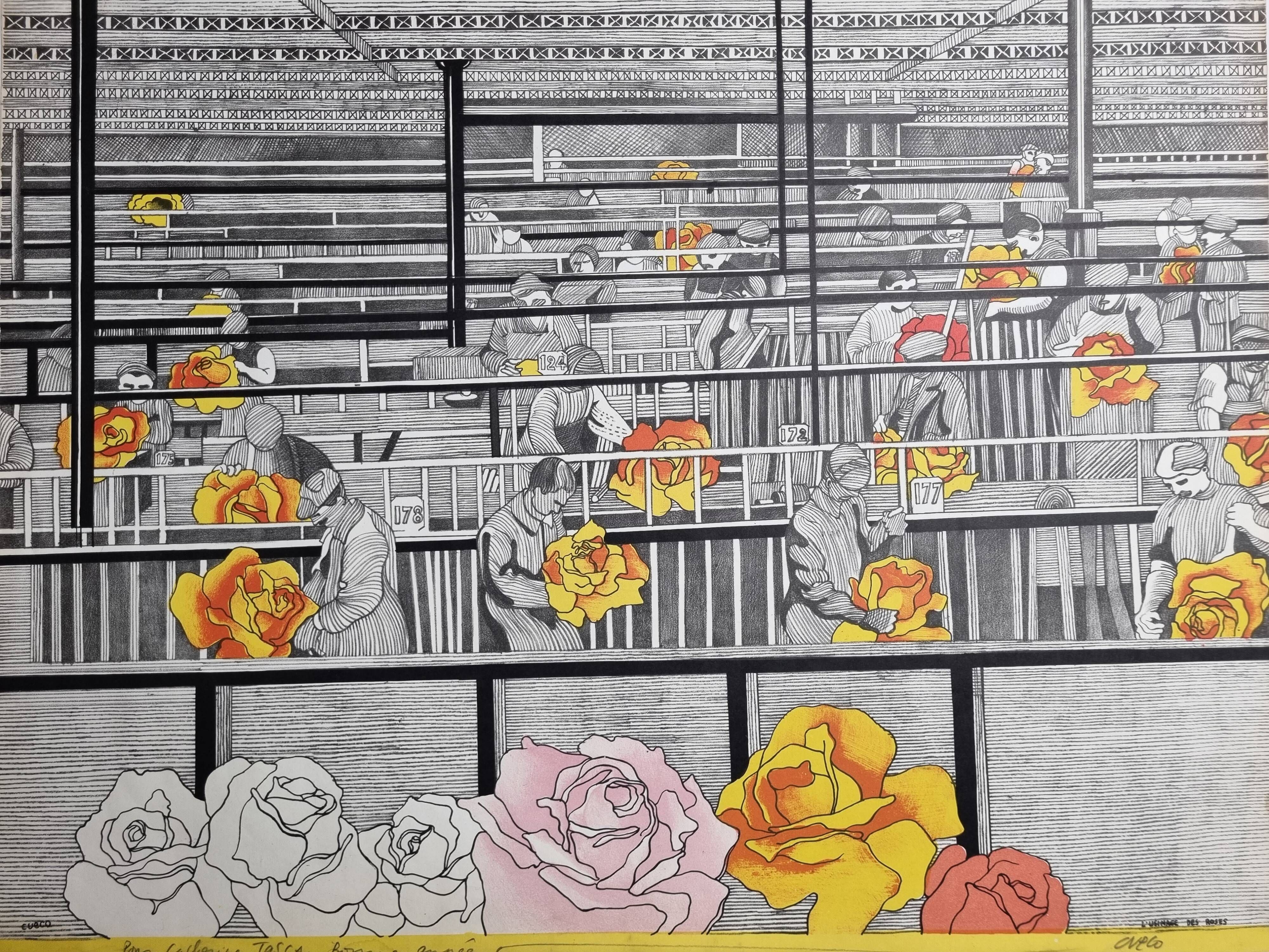 Original lithograph signed after Henri Cueco, "l'usinage des roses", 1969, 64 x 51 cm