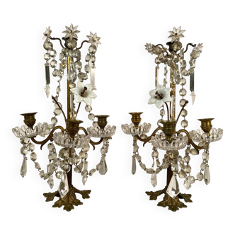 Paire de chandeliers à pampilles et fleurs en porcelaine blanche