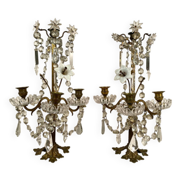 Paire de chandeliers à pampilles et fleurs en porcelaine blanche