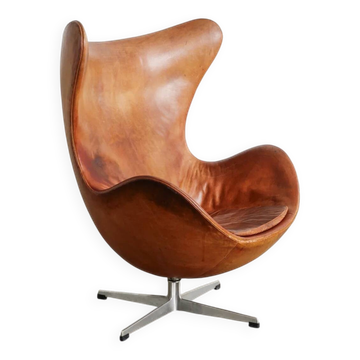 Early Danish "Egg Chair" in Brown Cognac Leather by Arne Jacobsen, 1960s