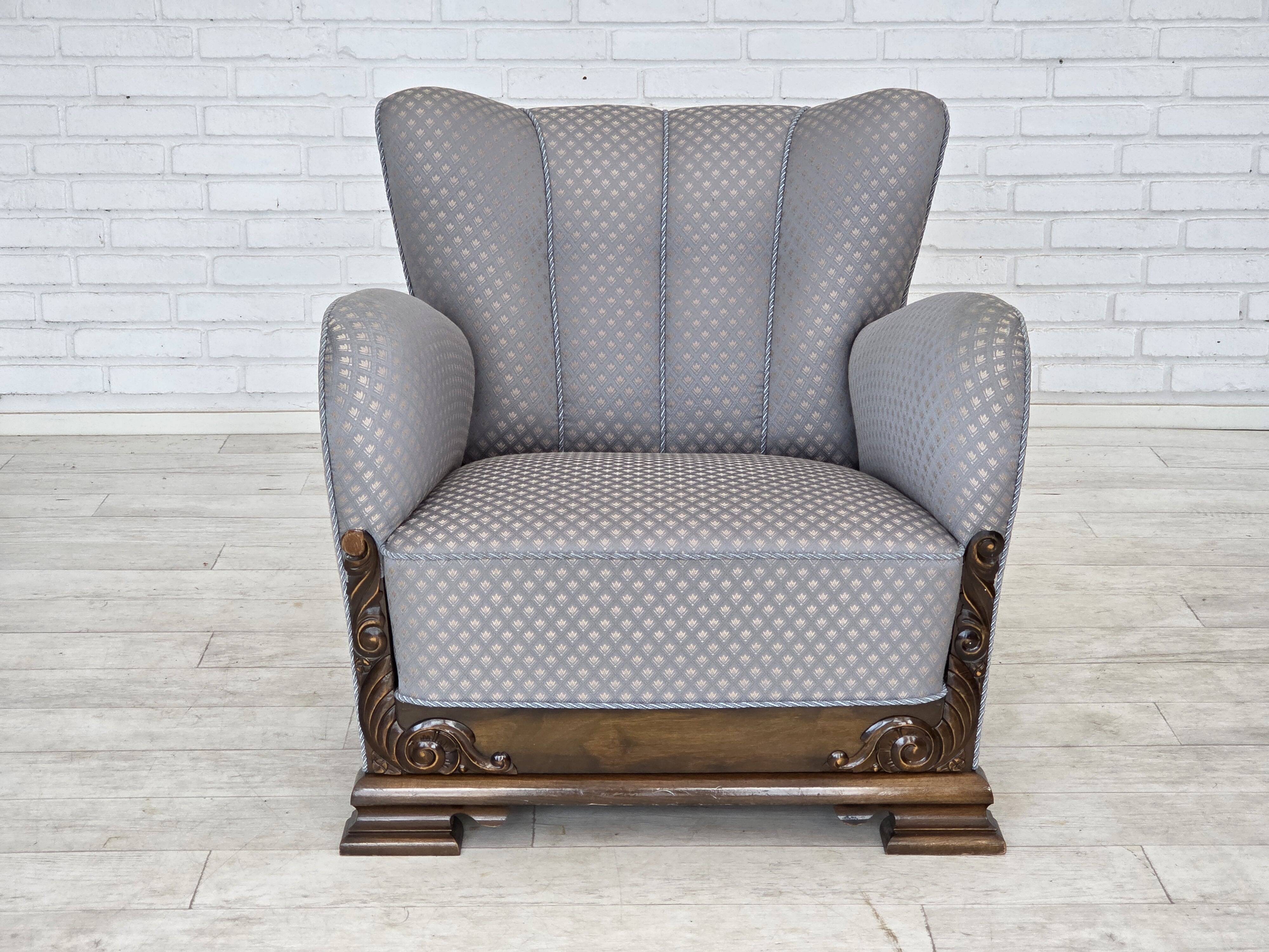 1950s, Danish armchair, furniture fabric, carved oak wood.